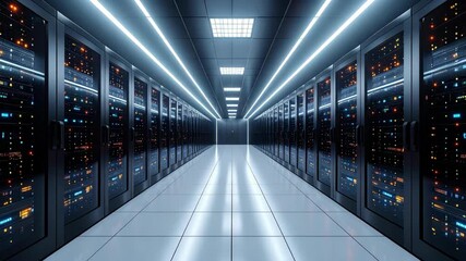 Long illuminated server room corridor showcasing rows of data storage racks and servers with bright lights and glossy floor reflecting the room's advanced technology. - Powered by Adobe