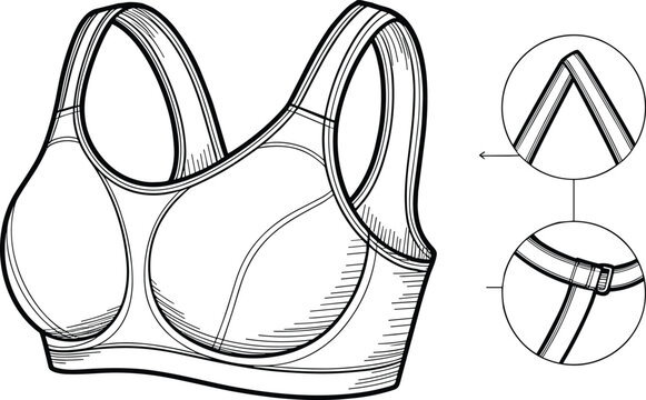 Sports bra illustration, strap detail, adjustment mechanism, technical drawing, contour seams, vector artwork, activewear design, fashion rendering, fitness garment, front view, back view,