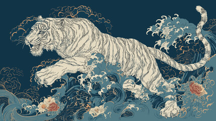 Vector illustration of a neo traditional and japanese tattoo design of a White tiger on a deep blue background