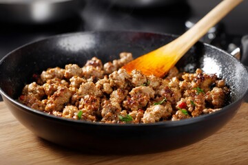 Ground sausage meat frying in a hot skillet with steam