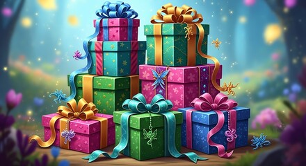 A stack of colorful gift boxes with ribbons and fairy charms in a whimsical setting is displayed