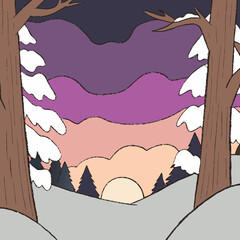 Tranquil winter forest at twilight with snowcovered trees and a fading sunset a cartoon illustration of a peaceful winter scene with soft colors and a calming atmosphere
