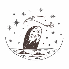 Whimsical winter landscape with a starry rock formation a handdrawn illustration of a serene night scene with celestial elements and a unique rock formation