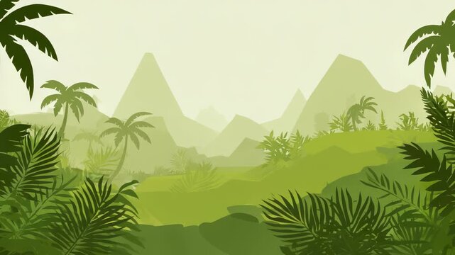 Low Poly Jungle Landscape Illustration with Palm Trees, Ferns, Mountains, and Green Tones for Backgrounds and Digital Art Projects