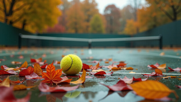 Tennis court in autumn with yellow tennis ball and fallen leaves in rainy atmosphere