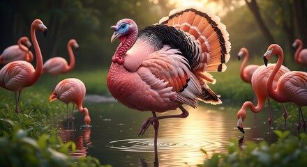 Flamingo Turkey Hybrid Standing in Water Surrounded by Pink Flamingos