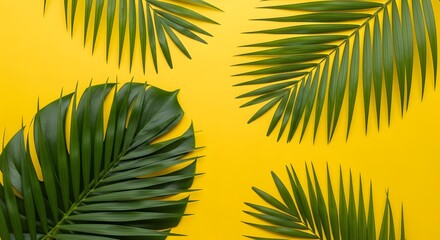 Tropical Palm Leaves on Yellow Background Minimalist Aesthetic