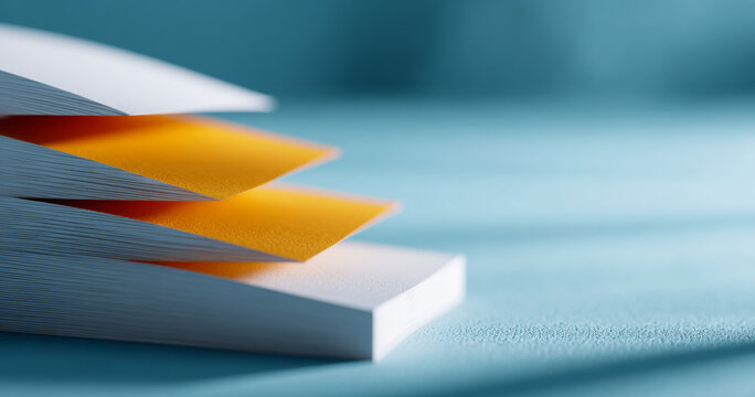 Close-up of stacked white paper sheets with yellow sticky notes on blue textured surface with shallow depth of field