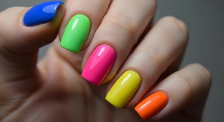 Bright Neon Manicure with Different Nail Polish Colors Close Up