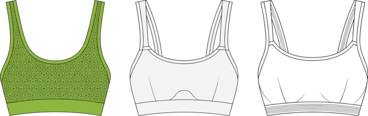 Stylish sports bras collection, seamless activewear design, fashion illustration, fitness apparel mockup, trendy workout gear, garment construction reference