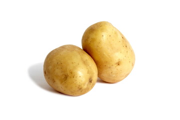 There are two raw potatoes on a white background.