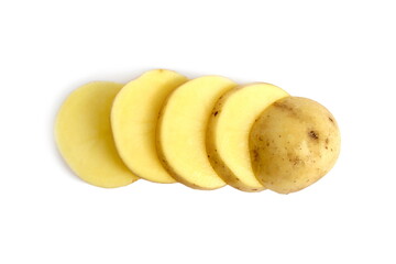 There are sliced ​​raw potatoes on a white background.
