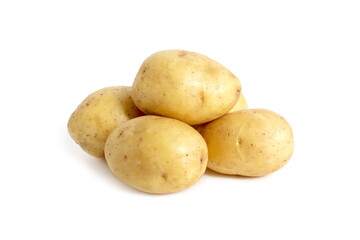There are a lot of raw potatoes on a white background.
