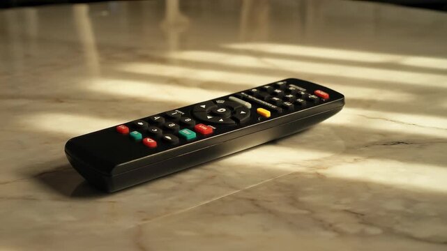 Black Remote Control Unit on a Marble Surface with Sunlight, Technology and Entertainment, Leisure Time, Modern Lifestyle Concept