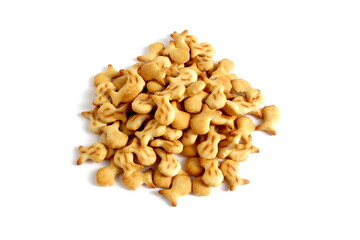 There is a pile of fish-shaped cookies on a white background.