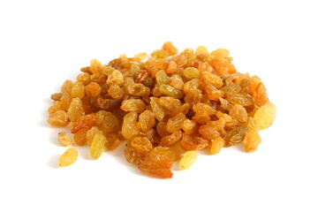 There is a pile of dried yellow grapes on a white background.