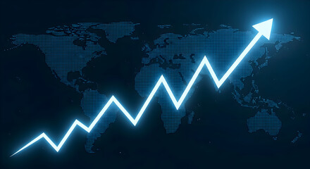 Global business growth visualized with a dynamic upward trend line, showing worldwide market expansion and financial success in a modern style