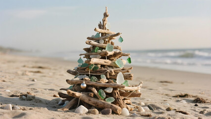 A Christmas tree made of driftwood and sea glass on a beach