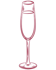Vector red glass with champagne. Illustration of alcoholic cocktail, simple, retro style