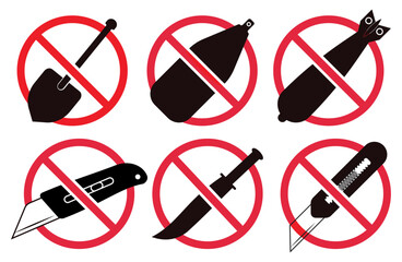No dangerous items sign vector illustration for airport security and safety regulations, No entry symbols prohibited pack, Dangerous tools ban icon set, Ban signs vector for dangerous tools.