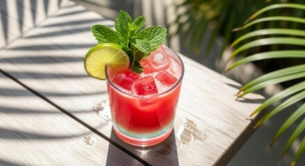 Refreshing Cocktail With Lime, Mint, and Ice Cubes on a Tropical Wooden Surface