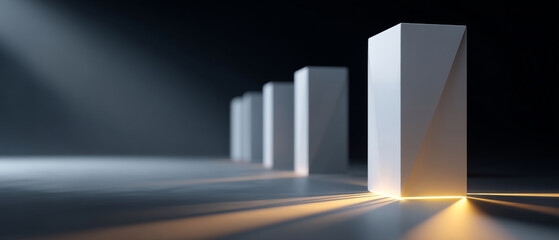 Abstract geometric white pillars illuminated by warm light beams in a dark minimalist space with soft shadows and depth of field