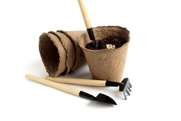 On a white background there are peat cups with soil.	