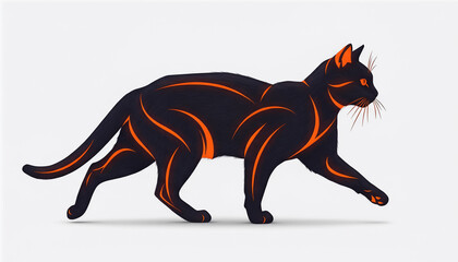 Stylized black cat walking with glowing orange outlines showcasing its form