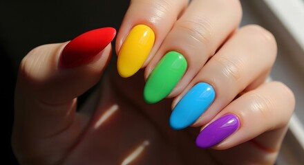 Colorful Manicure with Rainbow Nail Polish on Female Hand