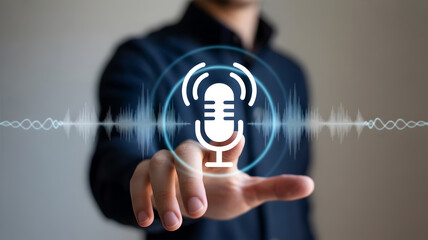 Hand Touching Glowing Microphone Icon with Sound Wave Voice Recognition Command Technology
