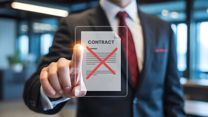 Businessman Pointing at Contract Document with Red X Termination Rejection Cancellation Concept