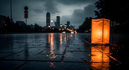 Paper Lantern Glowing on Wet Pavement in Rainy City