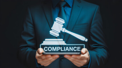 Businessman Holding Smartphone with Glowing Gavel and Compliance Word Regulation Concept