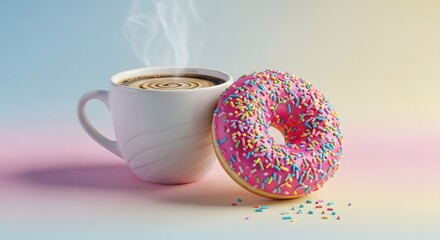 Fresh Donut with Sprinkles Next to Cup of Coffee