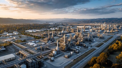 Fototapeta premium Aerial view of sprawling industrial complex with multiple buildings and pipelines, set against dramatic sunset sky. Industrial landscape concept