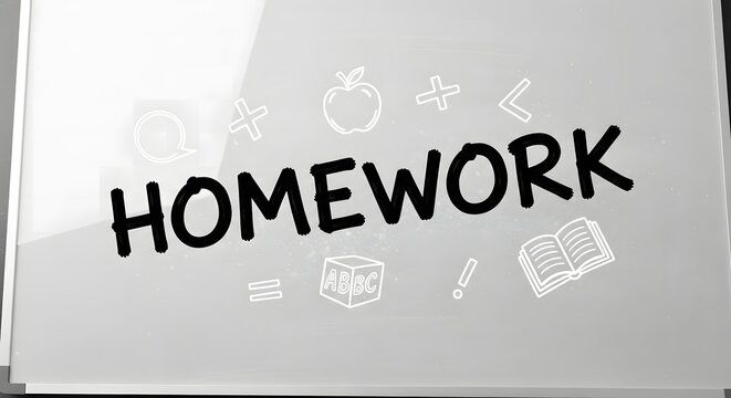Homework Written on Whiteboard with School Symbols - Powered by Adobe