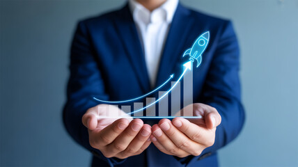 Businessman Holding Glowing Rocket Launching from Ascending Bar Chart Business Growth Concept