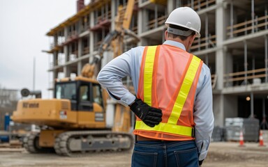 A construction worker in a hard hat and safety vest is holding his lower back, indicating pain, with heavy machinery visible in the background. 