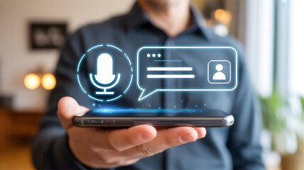 Hand Holding Phone with Voice Chat Microphone and Conversational AI Interface Technology