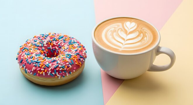 Sprinkled Donut With Coffee Art in Cup Flat Lay on Split Background