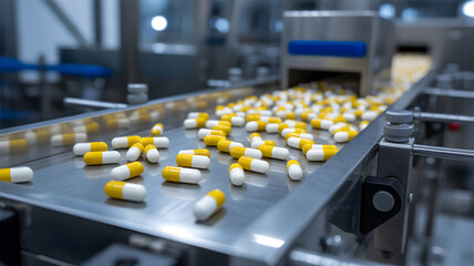 Yellow and White Capsules Moving on Conveyor Belt in Pharmaceutical Drug Manufacturing Factory