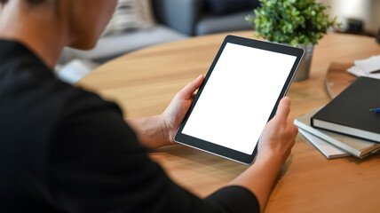 Woman Holding Digital Tablet with Blank White Screen for Mockup App or Website Ad