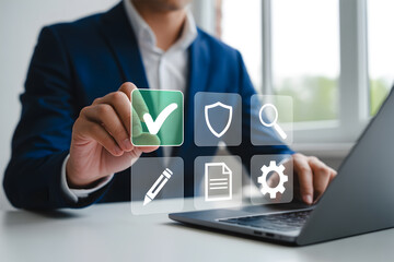 Businessman Touching Green Checkmark Icon on Virtual Screen for Quality Control and Approval