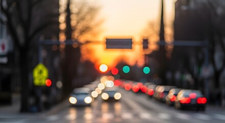 City Street with Cars at Sunset Blurred Bokeh View in Evening