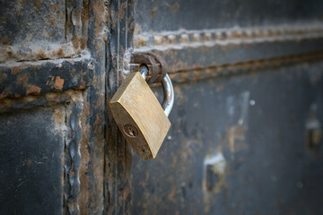 Old and rusty metal door. Locked with a padlock.