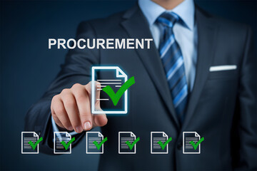 Businessman Touching Procurement Document Checkmark Icon Supply Chain Management and Approval