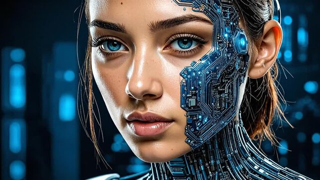 Close-up of a futuristic cyborg woman with glowing blue circuitry on her face and neck