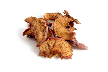 Dried apples lie on a white background.	