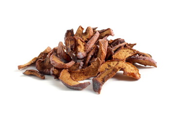 Dried apples lie on a white background.	