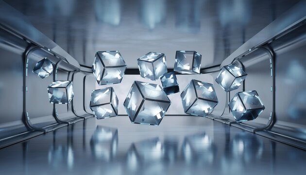 A futuristic scene featuring floating ice cubes in a sleek, metallic corridor, showcasing a blend of technology and artistry. - Powered by Adobe